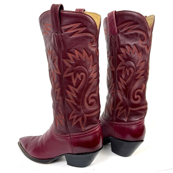 Handmade Austin-Hall Cowboy Boots - Wmns Sz 9B - Burgundy 14" Tall Pointy Toe - Picture 15 of 16